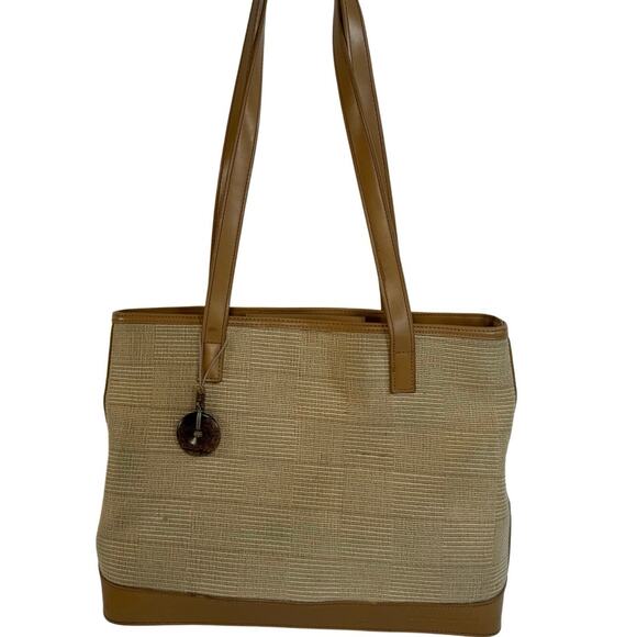 Stone Mountain Tan Canvas Tote Bag Faux Leather Trim Medium Shoulder Purse - Picture 6 of 7